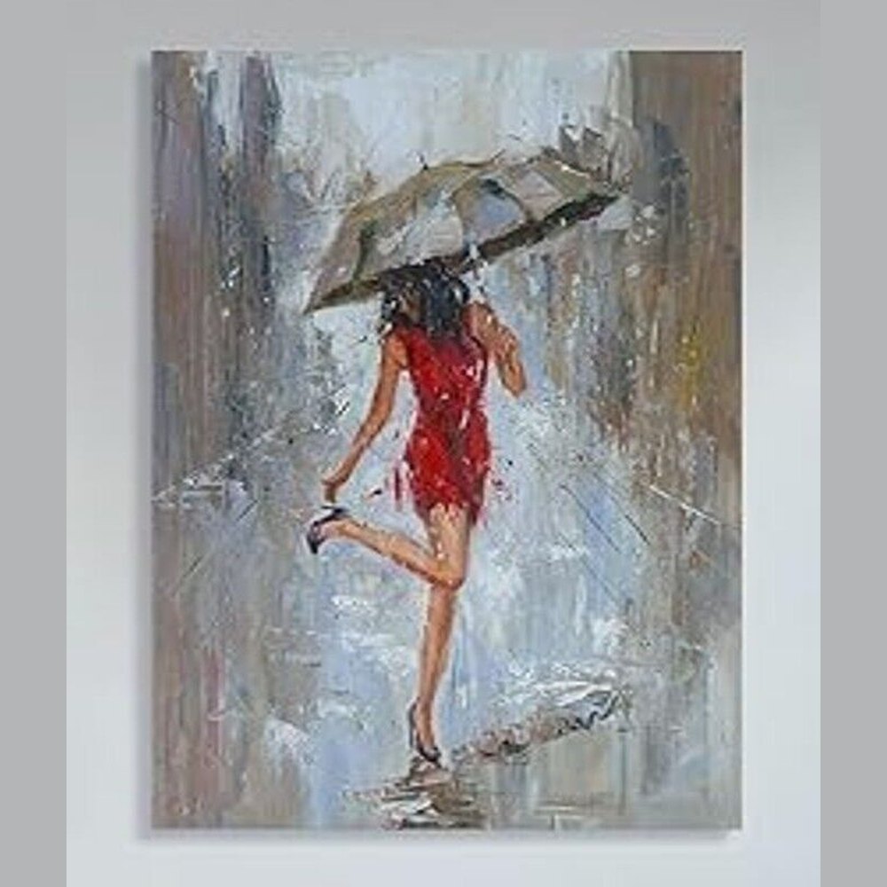 Woman In Red Dress Dancing In Rain Under Umbrella Canvas Print Framed 12" x 16" Home & Garden:Home Décor:Posters & Prints Style Your Walls